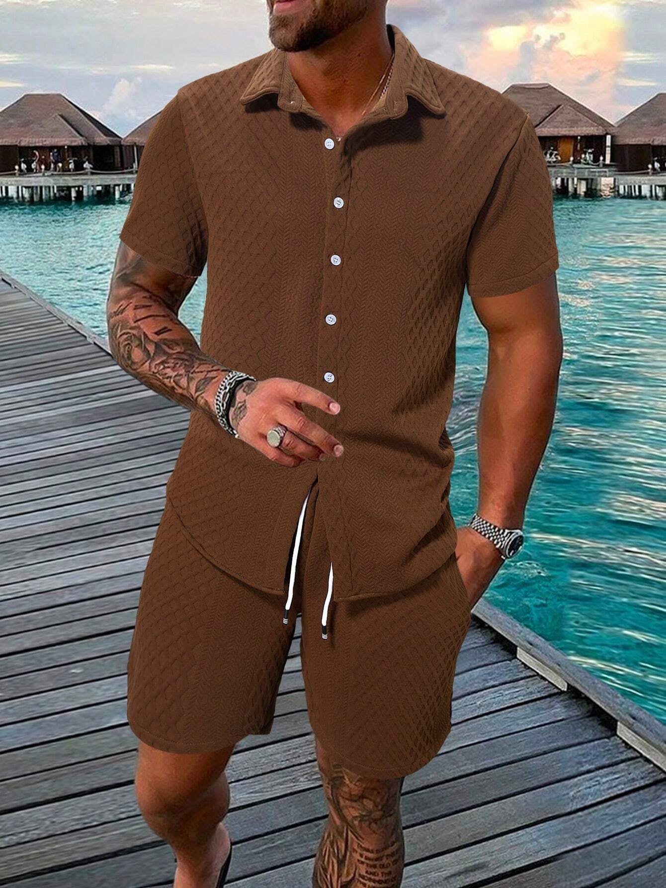 Manfinity Homme Men'S Plain Short Sleeve Shirt and Shorts Set