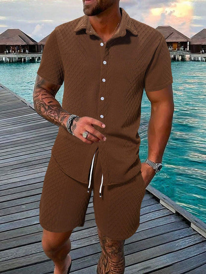 Manfinity Homme Men'S Plain Short Sleeve Shirt and Shorts Set