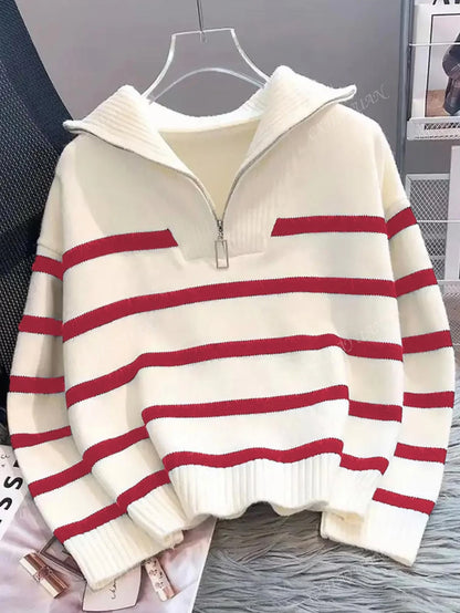 New Autumn/Winter Women Striped Crew Neck All-Match Sweater, Fashionable & Simple Pullover Design,Long Sleeve Tops