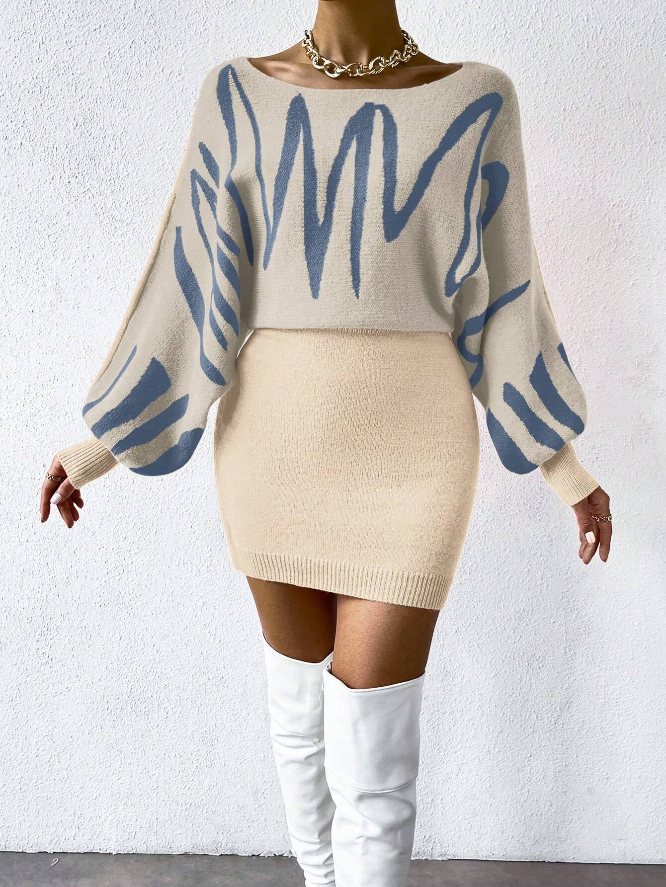 RaffinéA Graphic Pattern Batwing Sleeve Sweater Dress