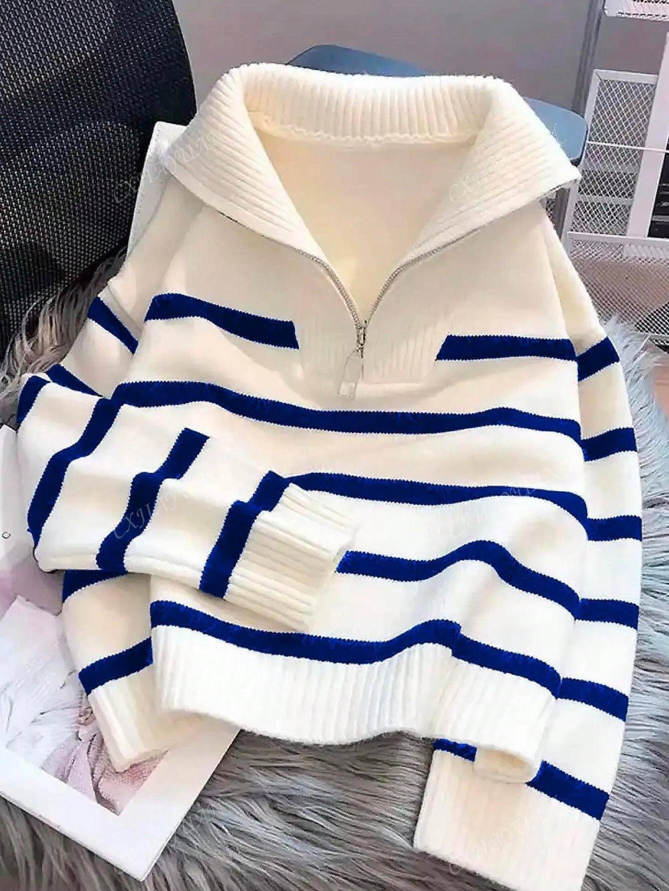 New Autumn/Winter Women Striped Crew Neck All-Match Sweater, Fashionable & Simple Pullover Design,Long Sleeve Tops