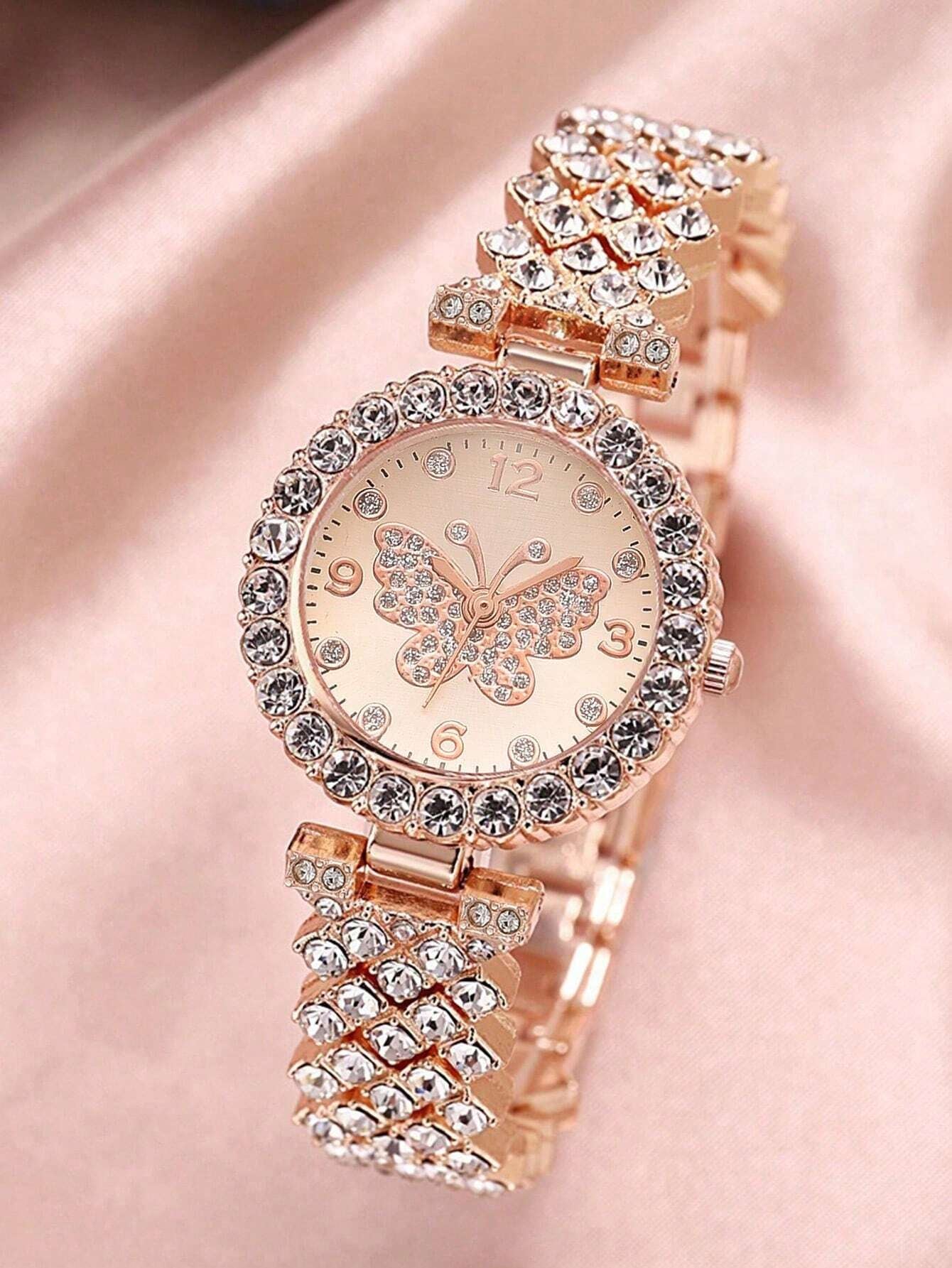 1Pc Rhinestone Decor Quartz Watch & 1Pc Bracelet