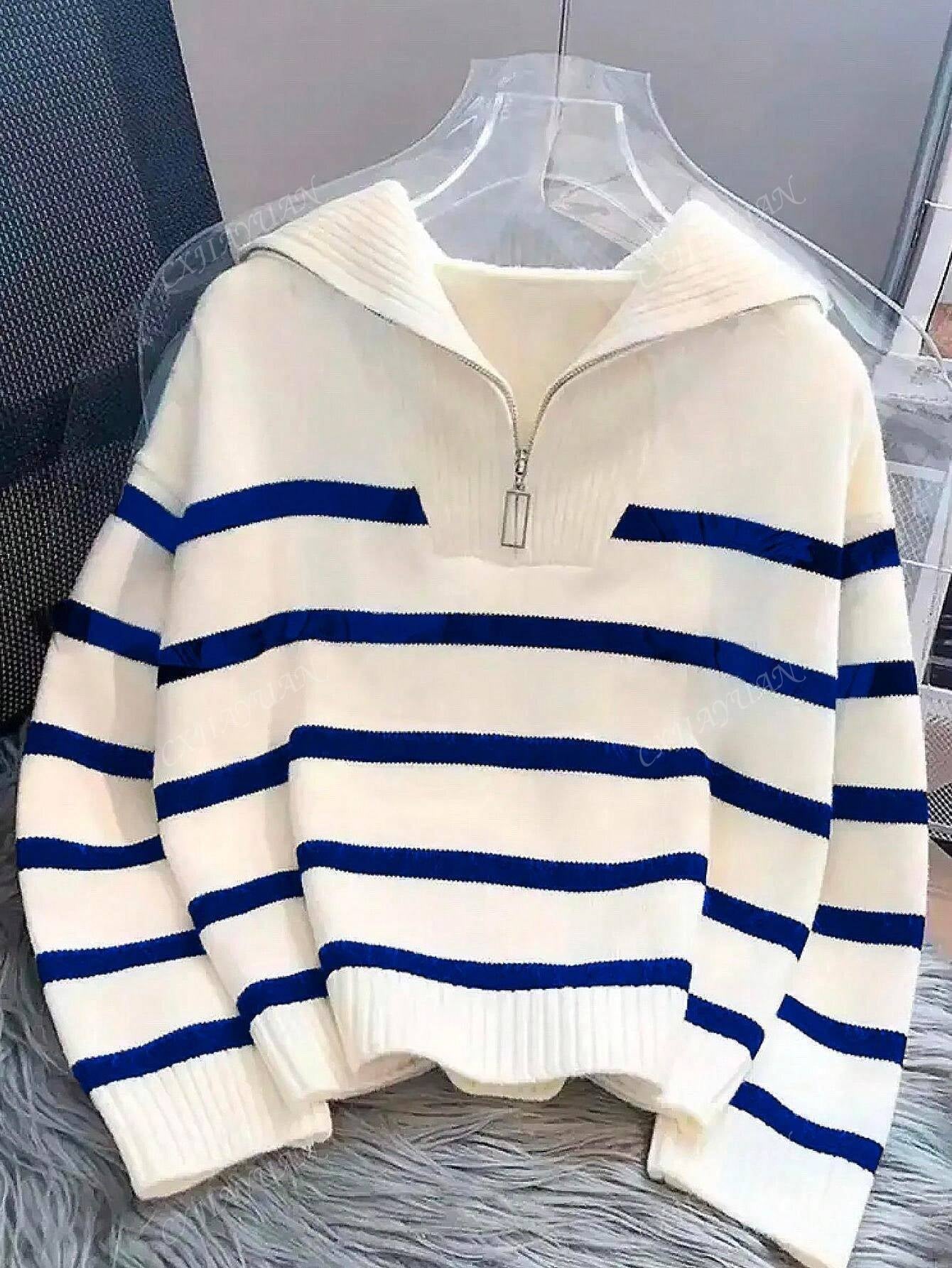 New Autumn/Winter Women Striped Crew Neck All-Match Sweater, Fashionable & Simple Pullover Design,Long Sleeve Tops