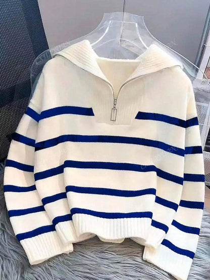 New Autumn/Winter Women Striped Crew Neck All-Match Sweater, Fashionable & Simple Pullover Design,Long Sleeve Tops