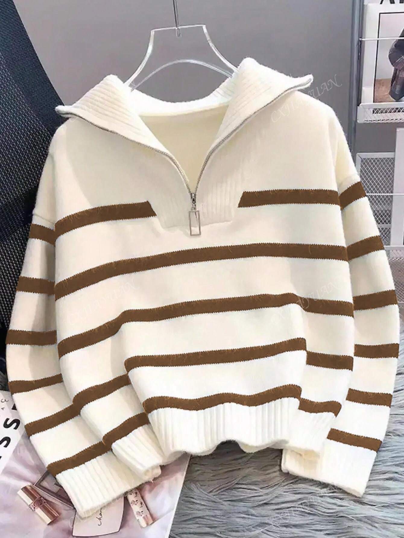 New Autumn/Winter Women Striped Crew Neck All-Match Sweater, Fashionable & Simple Pullover Design,Long Sleeve Tops