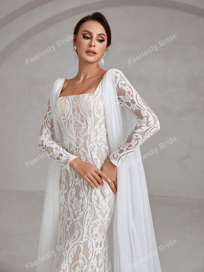 Faeriesty Square Neck Floor Length Lace Wedding Dress White Elegant Long Sleeve Bridal Dress