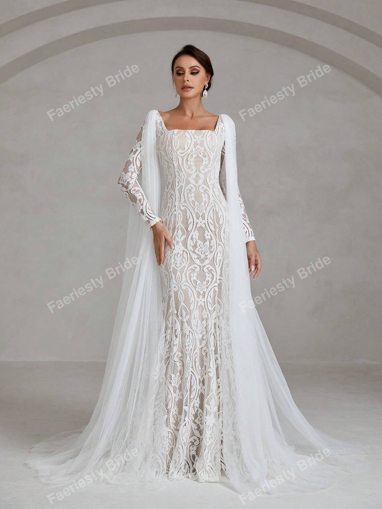 Faeriesty Square Neck Floor Length Lace Wedding Dress White Elegant Long Sleeve Bridal Dress