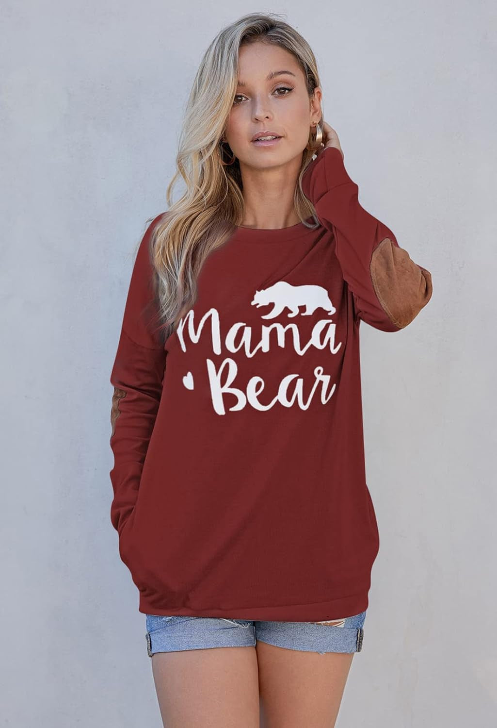 Women'S Mama Bear Shirt Batwing Sleeve Patches Top Wine Red Size M