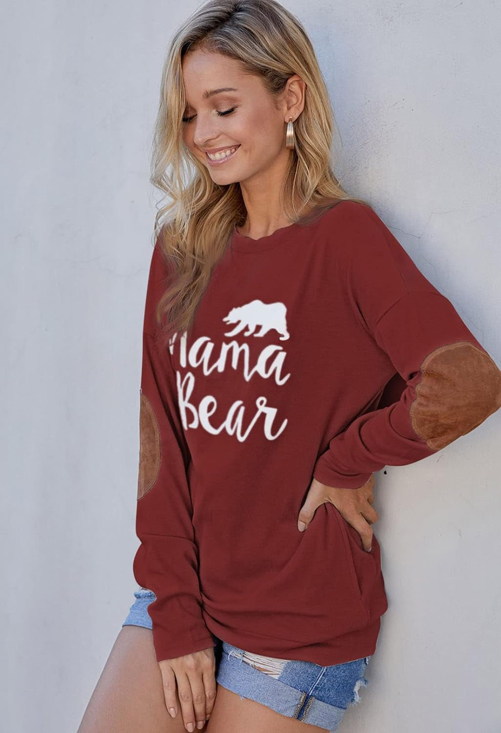 Women'S Mama Bear Shirt Batwing Sleeve Patches Top Wine Red Size M