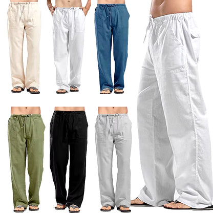 Men'S Cotton Linen Pants Summer Solid Color Breathable Linen Trousers Male Casual Elastic Waist Fitness Pants