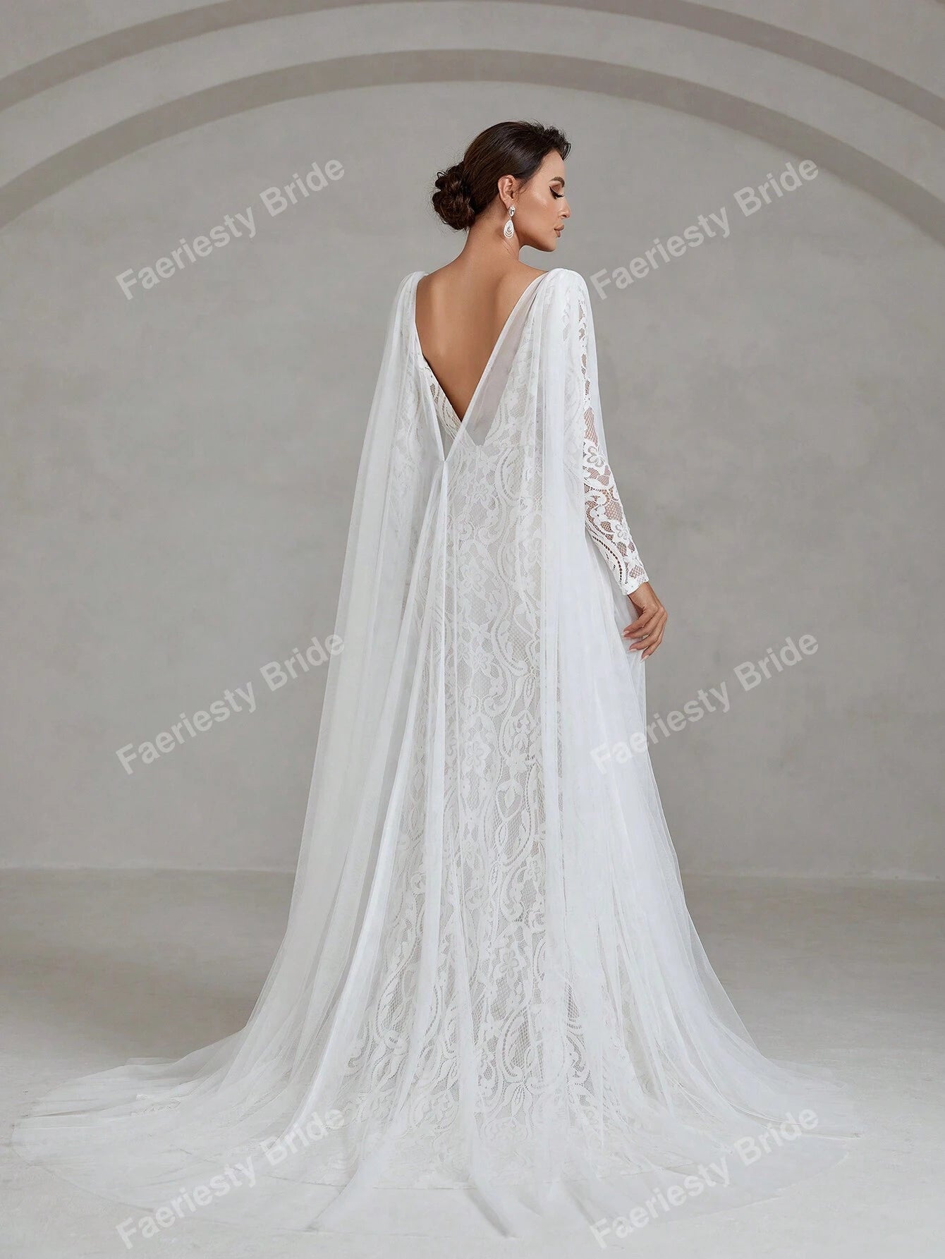 Faeriesty Square Neck Floor Length Lace Wedding Dress White Elegant Long Sleeve Bridal Dress