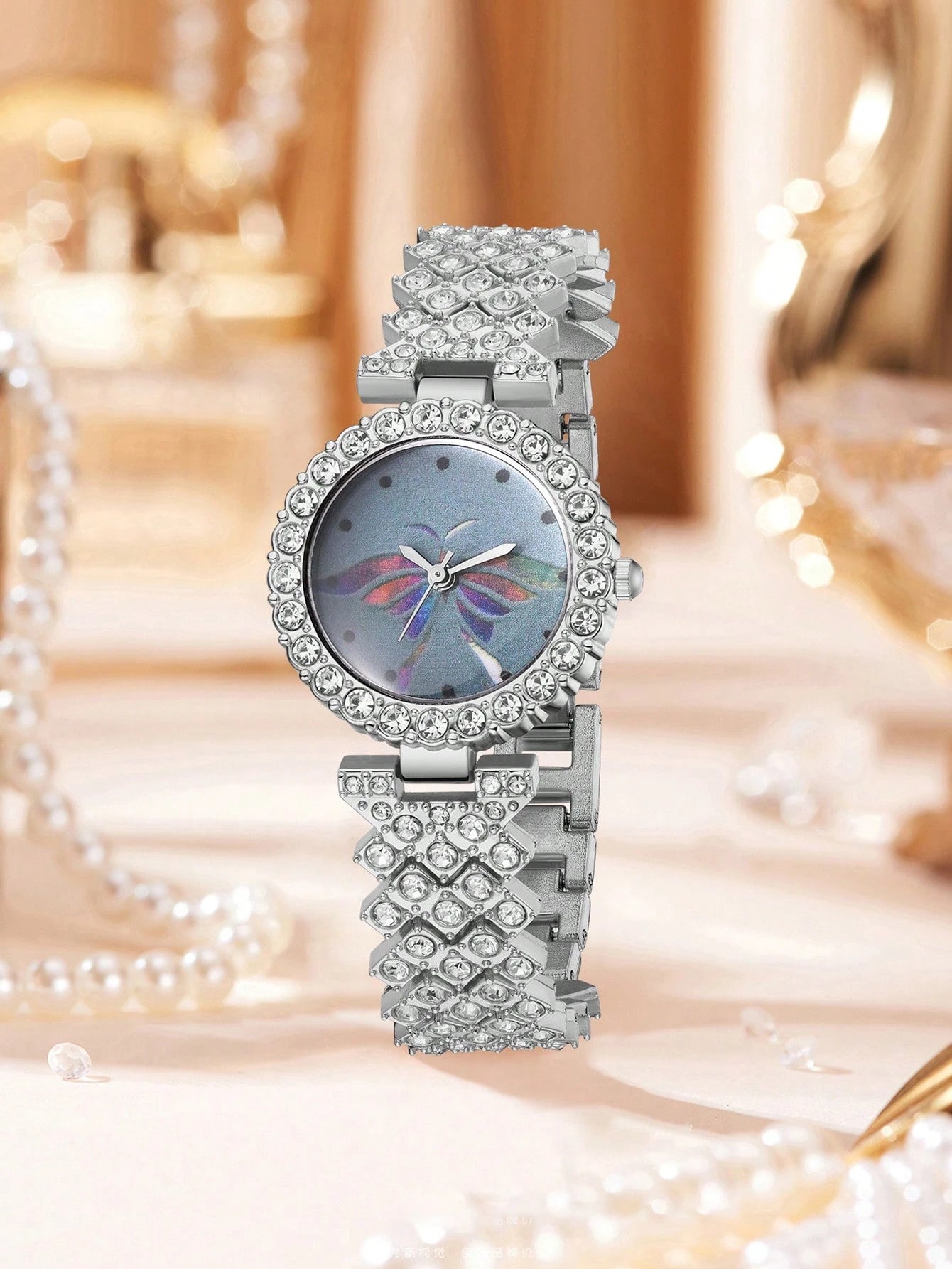 1Pc Rhinestone Decor Quartz Watch & 1Pc Bracelet