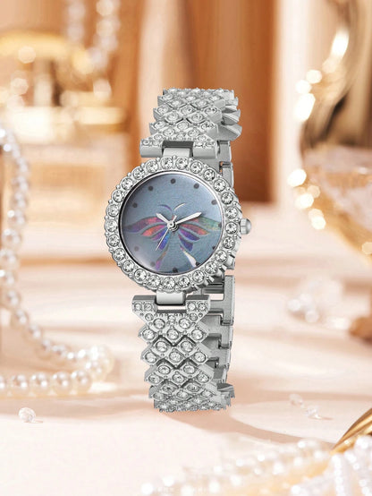 1Pc Rhinestone Decor Quartz Watch & 1Pc Bracelet