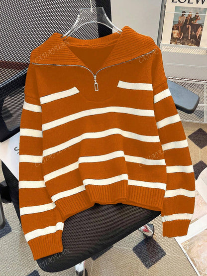 New Autumn/Winter Women Striped Crew Neck All-Match Sweater, Fashionable & Simple Pullover Design,Long Sleeve Tops