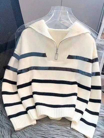 New Autumn/Winter Women Striped Crew Neck All-Match Sweater, Fashionable & Simple Pullover Design,Long Sleeve Tops