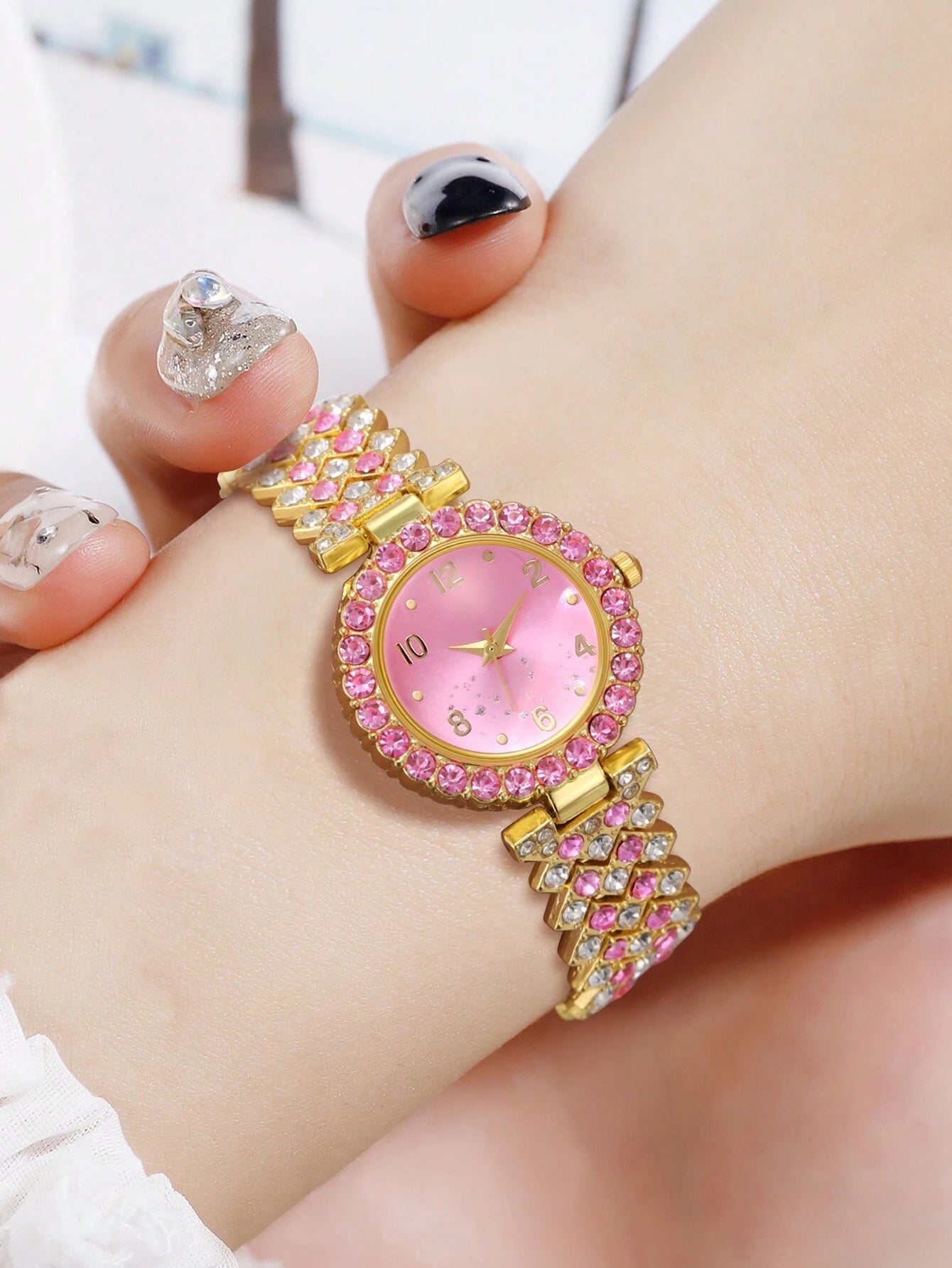 1Pc Rhinestone Decor Quartz Watch & 1Pc Bracelet