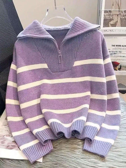 New Autumn/Winter Women Striped Crew Neck All-Match Sweater, Fashionable & Simple Pullover Design,Long Sleeve Tops