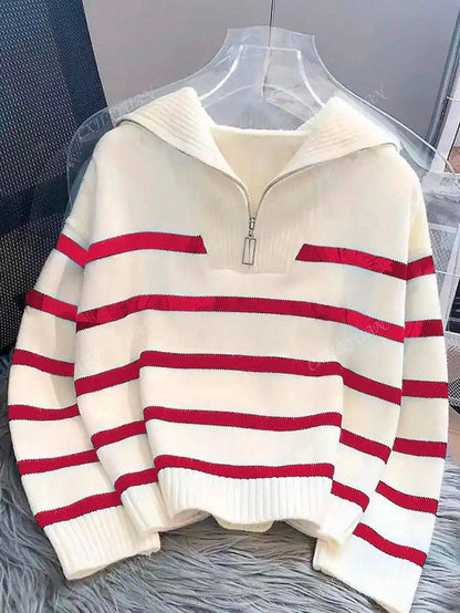 New Autumn/Winter Women Striped Crew Neck All-Match Sweater, Fashionable & Simple Pullover Design,Long Sleeve Tops