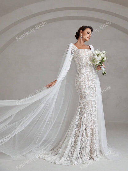 Faeriesty Square Neck Floor Length Lace Wedding Dress White Elegant Long Sleeve Bridal Dress