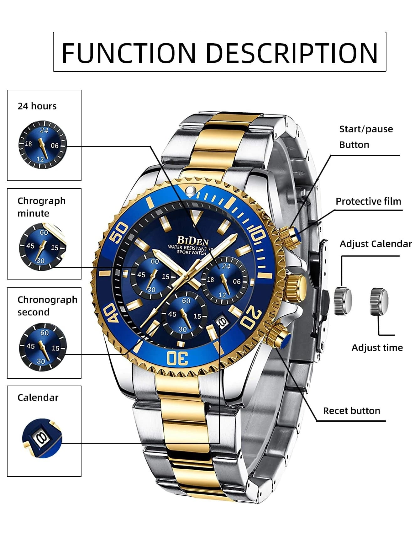 BIDEN BIDEN Men'S Watches, Men'S Business Watches, Men'S Sports Chronometers, Calendar Night Light Quartz Watches, Stainless Steel Strap Waterproof Clock Men'S, Free Chain Link Remover+Box