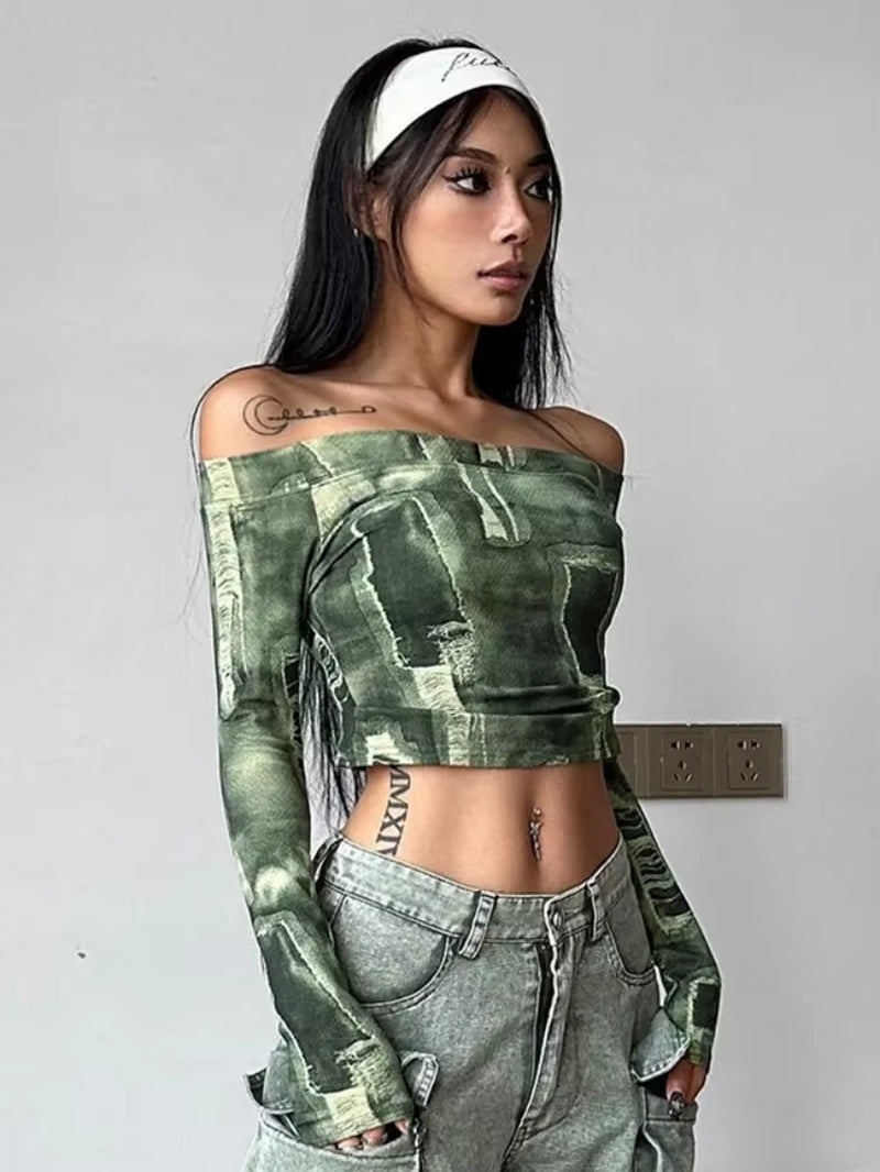 Vintage One-Line Collar Tops Sexy Tie-Dye Print Short Women Clothing Casual Long Sleeve Y2K Top Streetwear Shirts for Women