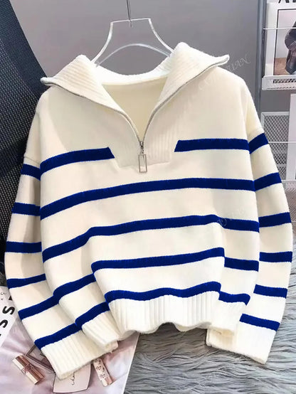 New Autumn/Winter Women Striped Crew Neck All-Match Sweater, Fashionable & Simple Pullover Design,Long Sleeve Tops