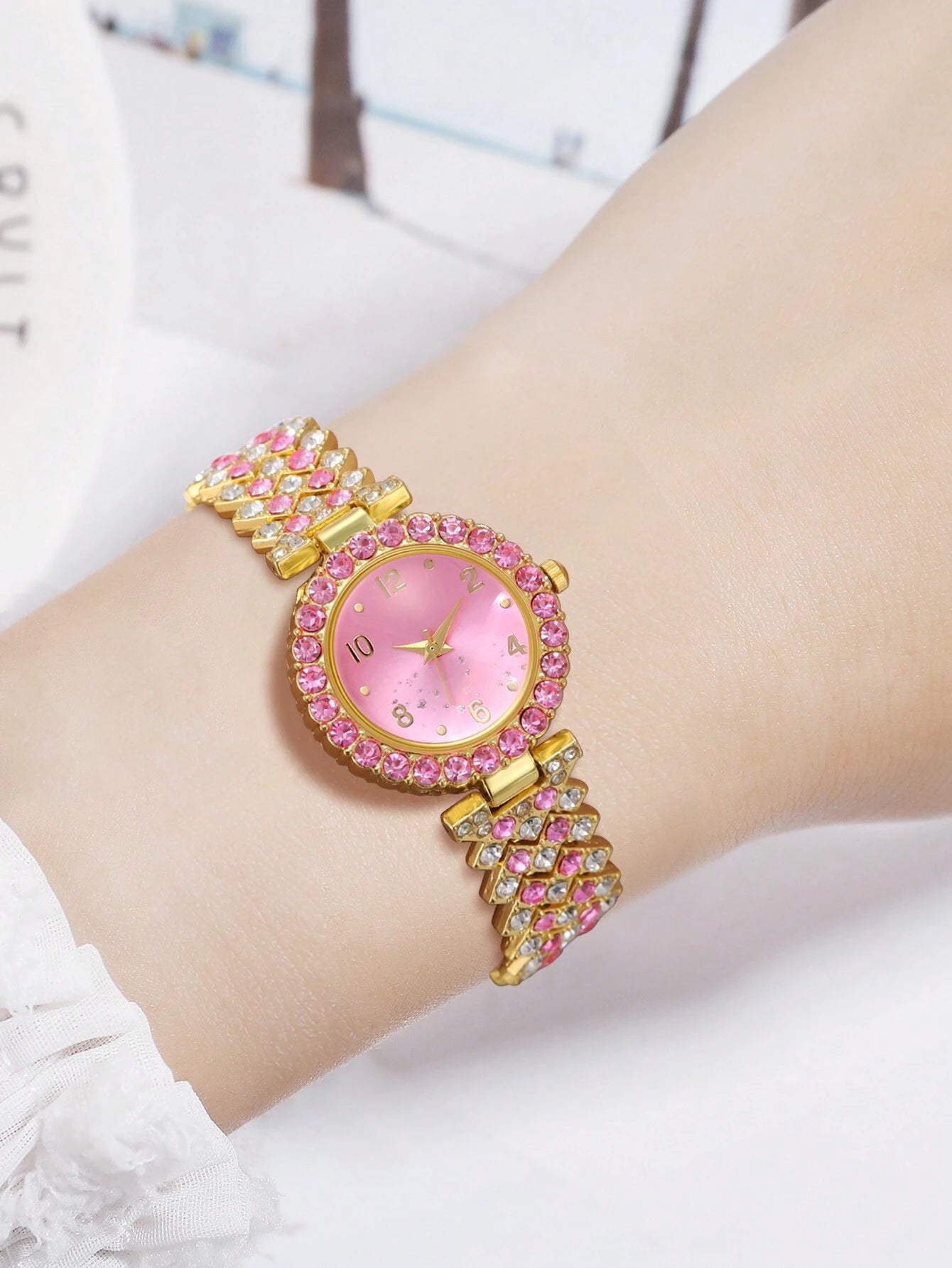 1Pc Rhinestone Decor Quartz Watch & 1Pc Bracelet