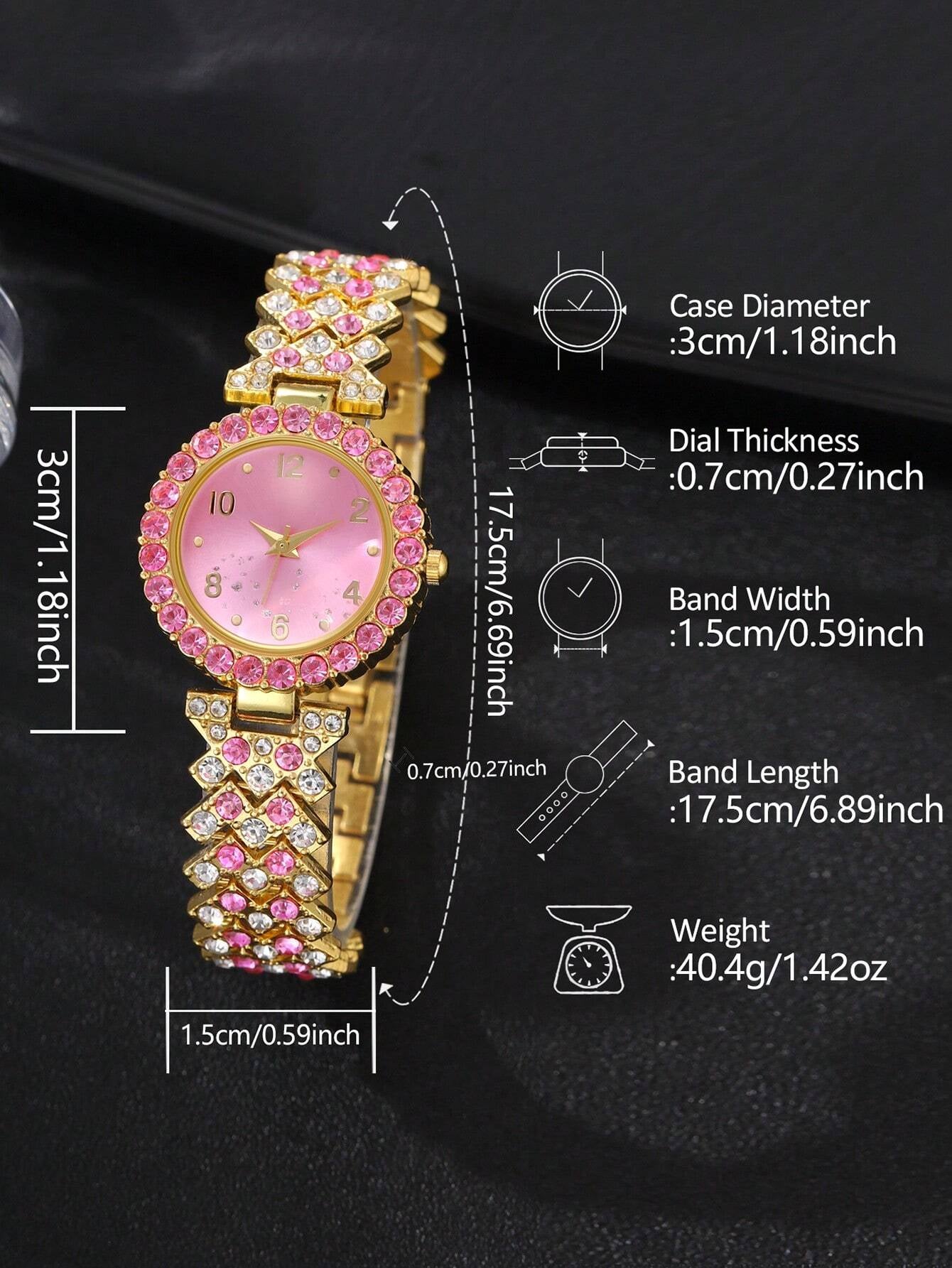 1Pc Rhinestone Decor Quartz Watch & 1Pc Bracelet