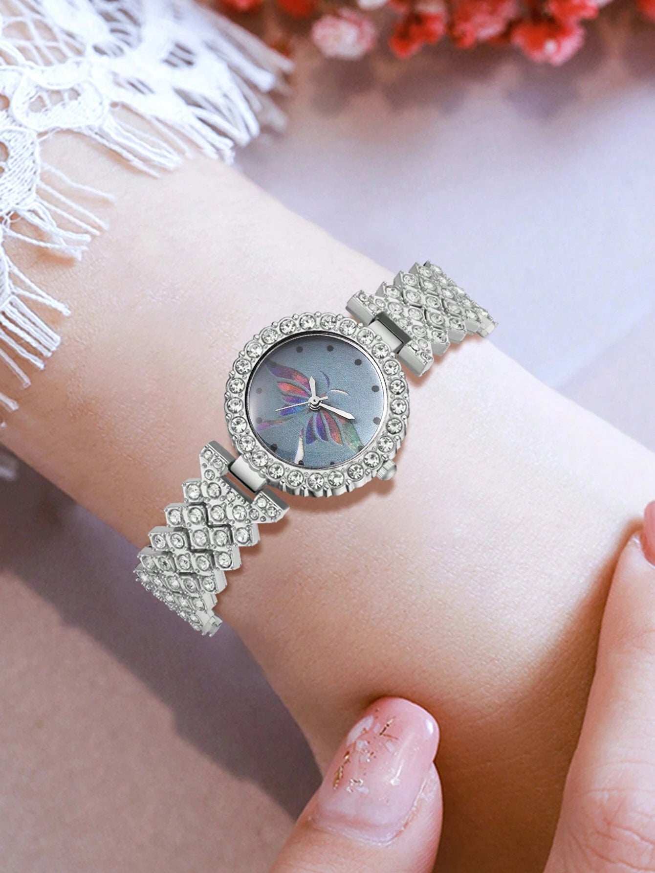 1Pc Rhinestone Decor Quartz Watch & 1Pc Bracelet