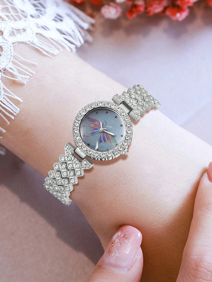 1Pc Rhinestone Decor Quartz Watch & 1Pc Bracelet