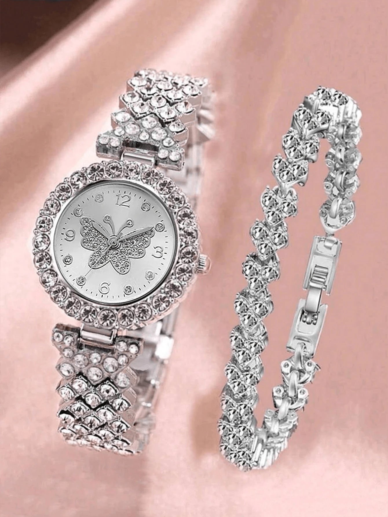 1Pc Rhinestone Decor Quartz Watch & 1Pc Bracelet