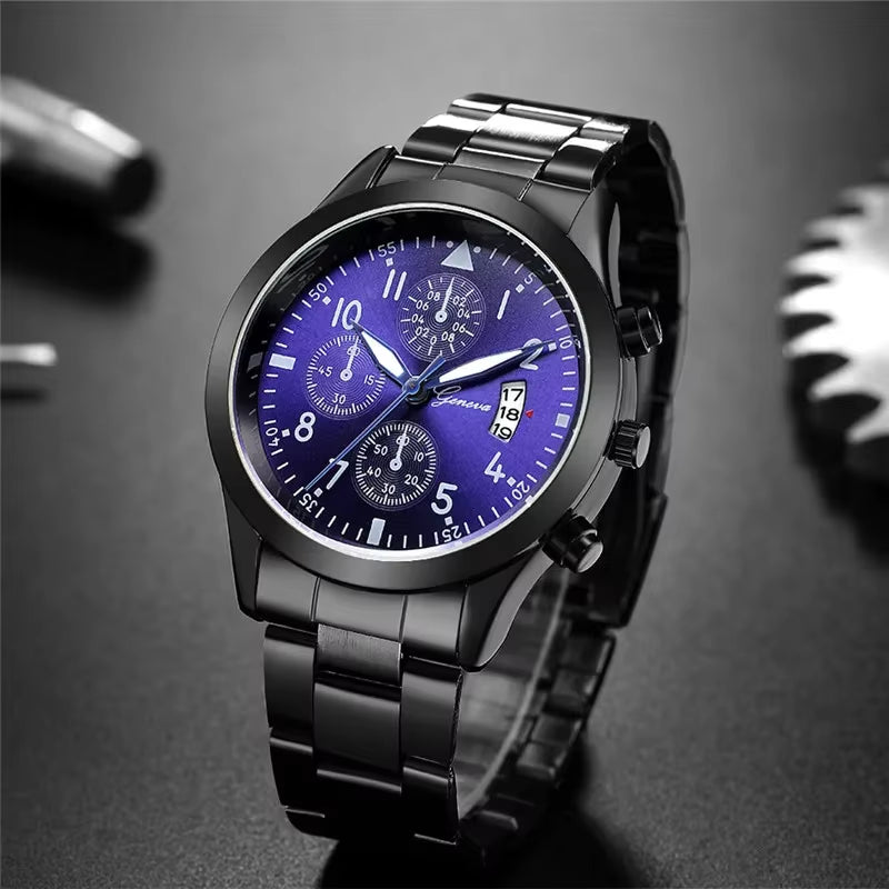 Geneva Watches Men Luxury Men Watches Black Stainless Steel Blue Face Quartz Watch Men Sports Watches Reloj Hombre Horloge Heren