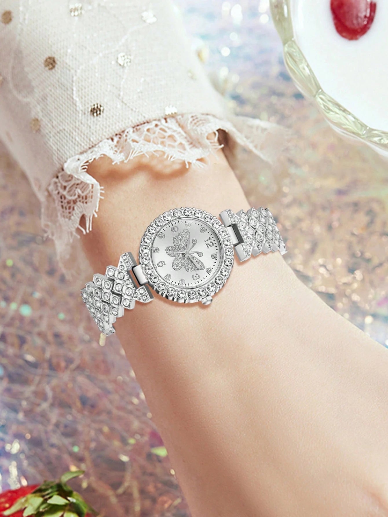 1Pc Rhinestone Decor Quartz Watch & 1Pc Bracelet