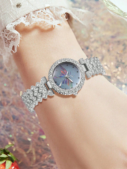 1Pc Rhinestone Decor Quartz Watch & 1Pc Bracelet