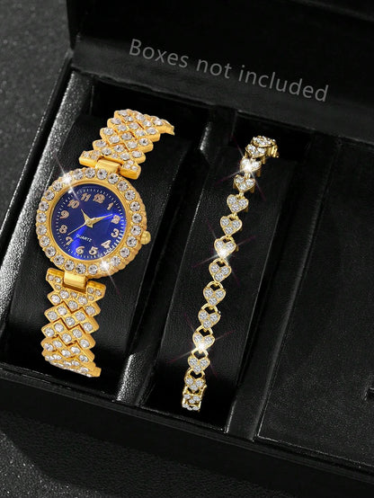 1Pc Rhinestone Decor Quartz Watch & 1Pc Bracelet