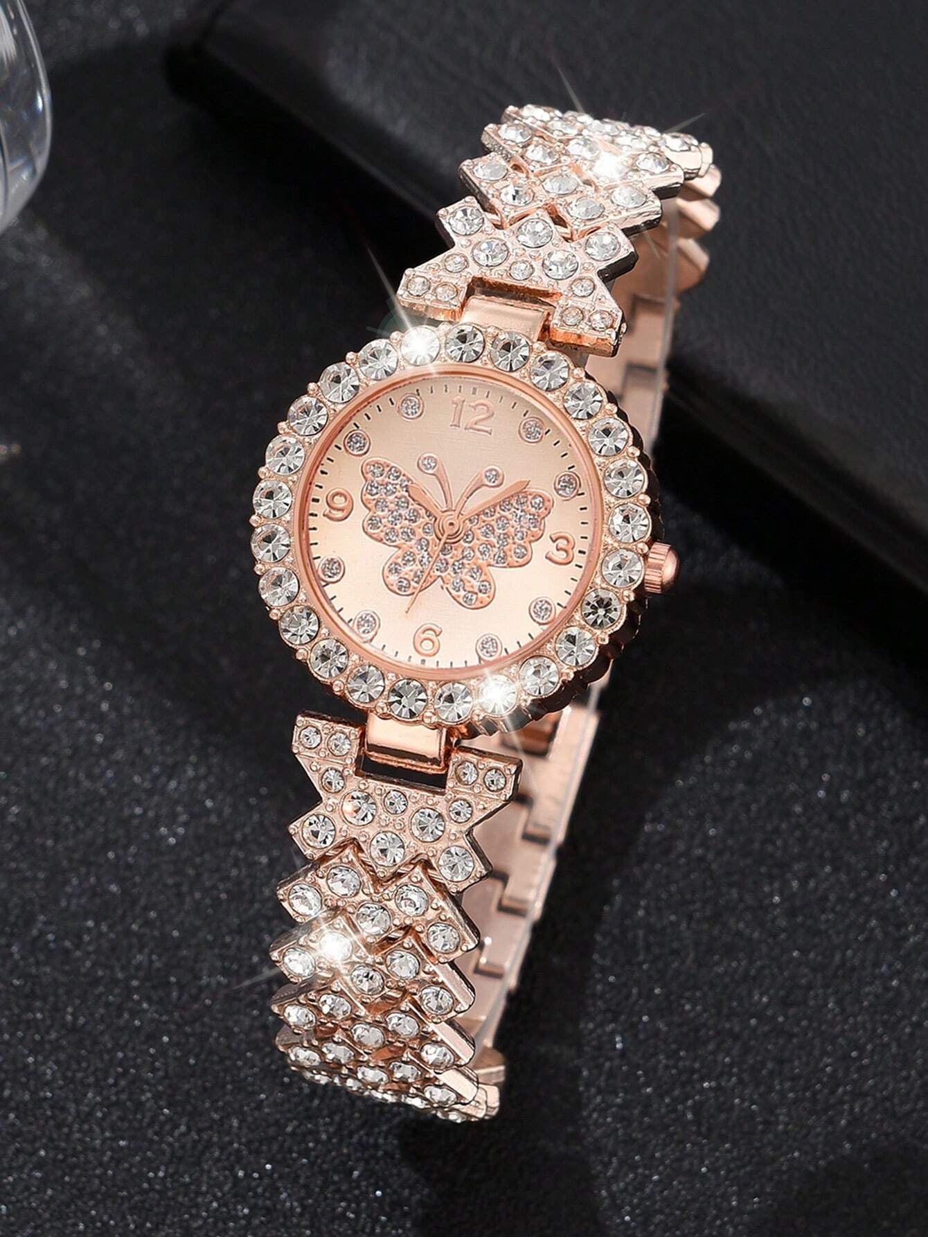 1Pc Rhinestone Decor Quartz Watch & 1Pc Bracelet