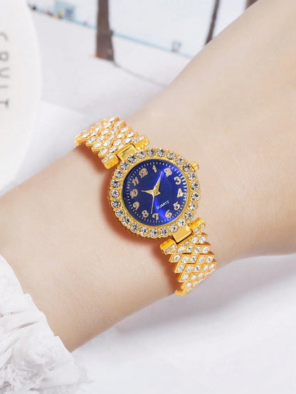 1Pc Rhinestone Decor Quartz Watch & 1Pc Bracelet