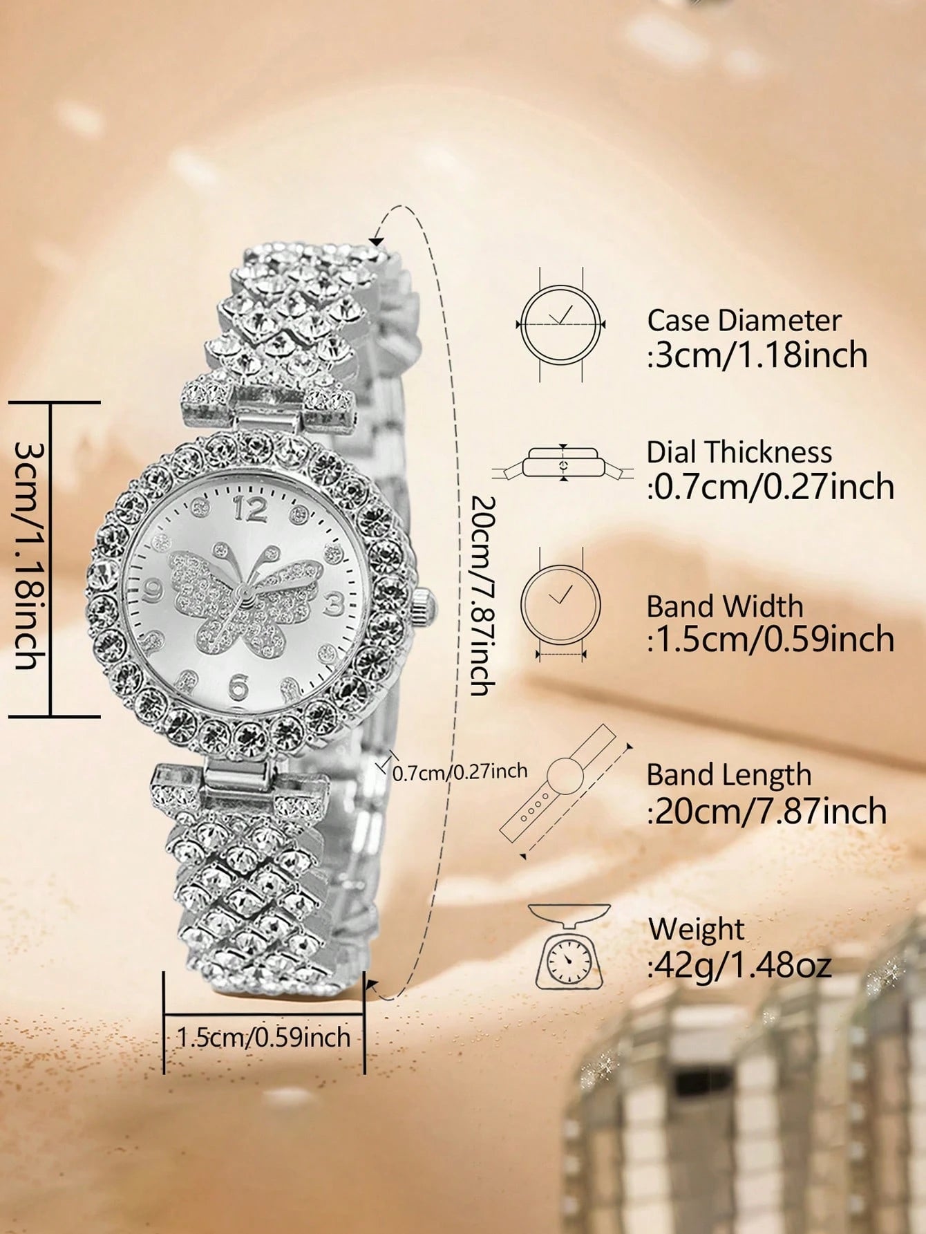 1Pc Rhinestone Decor Quartz Watch & 1Pc Bracelet