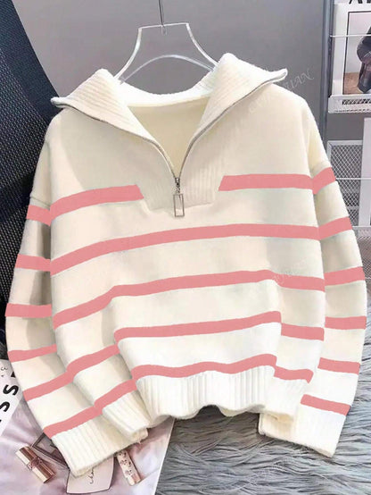 New Autumn/Winter Women Striped Crew Neck All-Match Sweater, Fashionable & Simple Pullover Design,Long Sleeve Tops