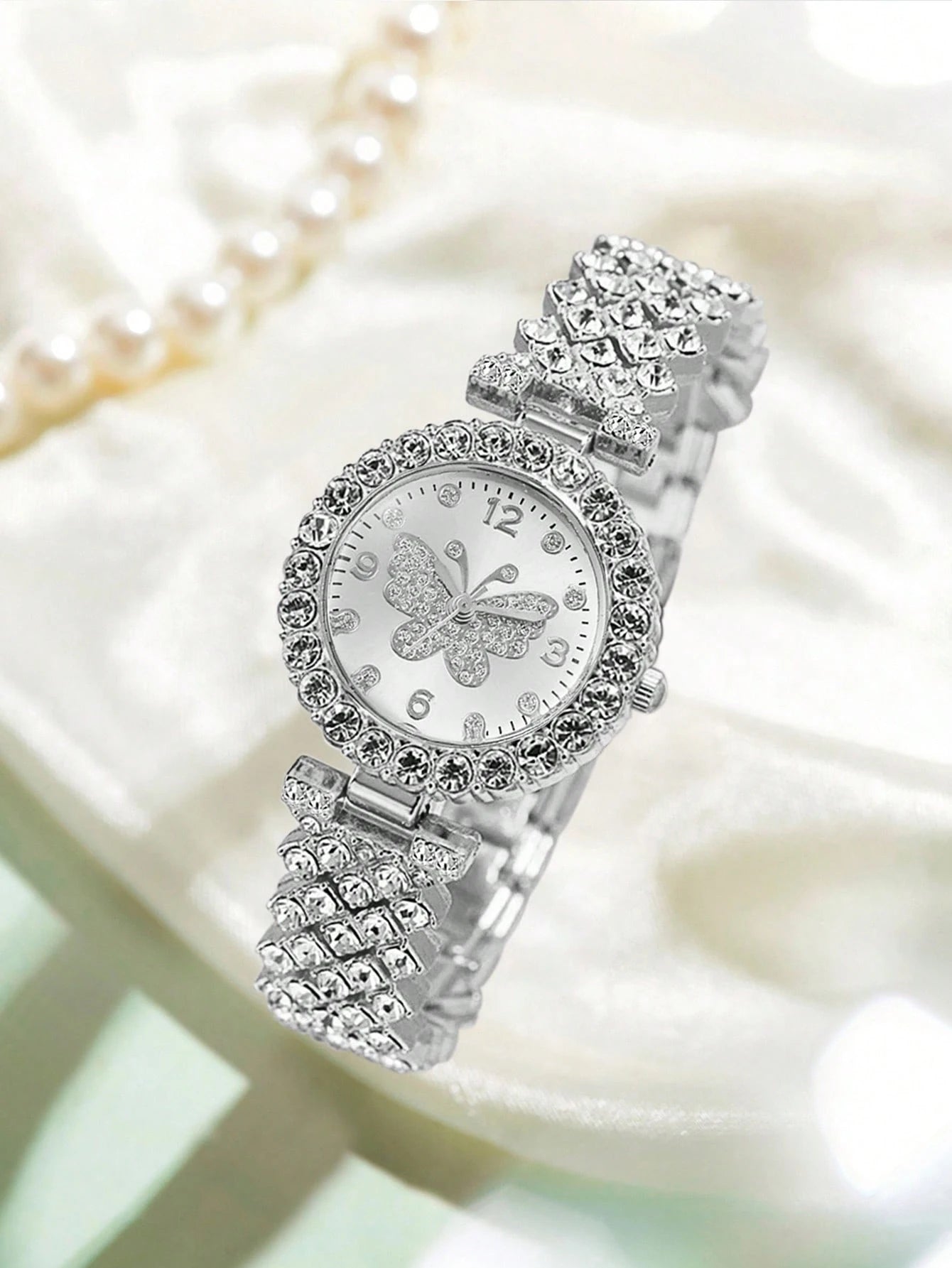 1Pc Rhinestone Decor Quartz Watch & 1Pc Bracelet