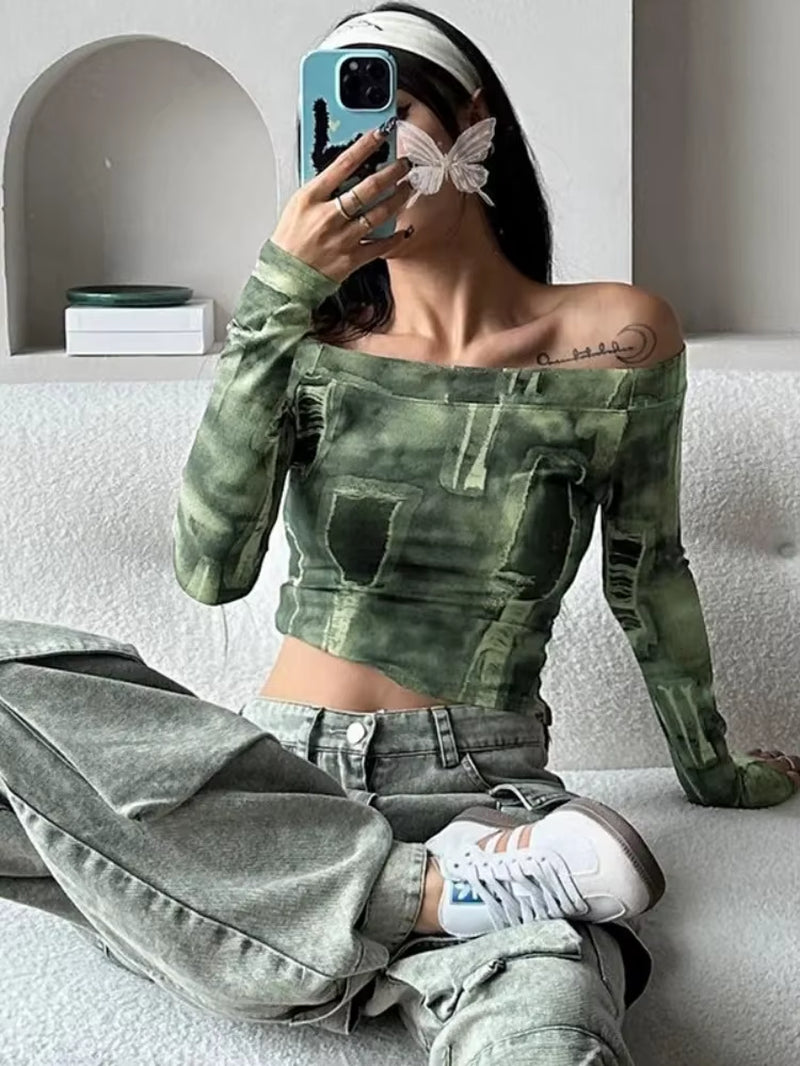 Vintage One-Line Collar Tops Sexy Tie-Dye Print Short Women Clothing Casual Long Sleeve Y2K Top Streetwear Shirts for Women