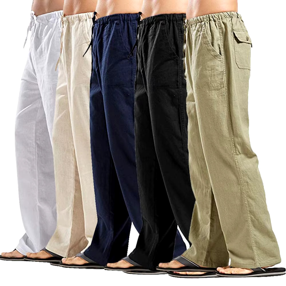 Men'S Cotton Linen Pants Summer Solid Color Breathable Linen Trousers Male Casual Elastic Waist Fitness Pants