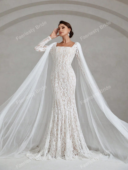 Faeriesty Square Neck Floor Length Lace Wedding Dress White Elegant Long Sleeve Bridal Dress