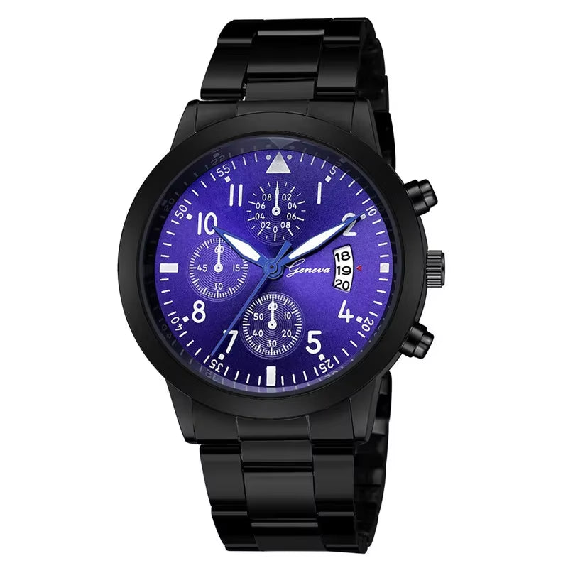 Geneva Watches Men Luxury Men Watches Black Stainless Steel Blue Face Quartz Watch Men Sports Watches Reloj Hombre Horloge Heren