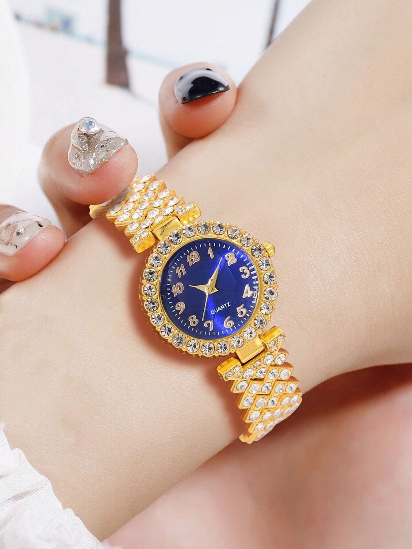 1Pc Rhinestone Decor Quartz Watch & 1Pc Bracelet