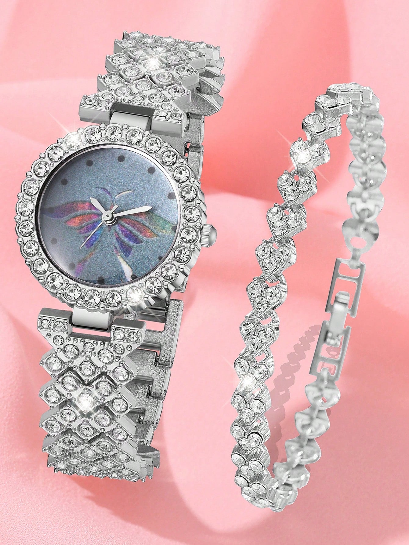 1Pc Rhinestone Decor Quartz Watch & 1Pc Bracelet