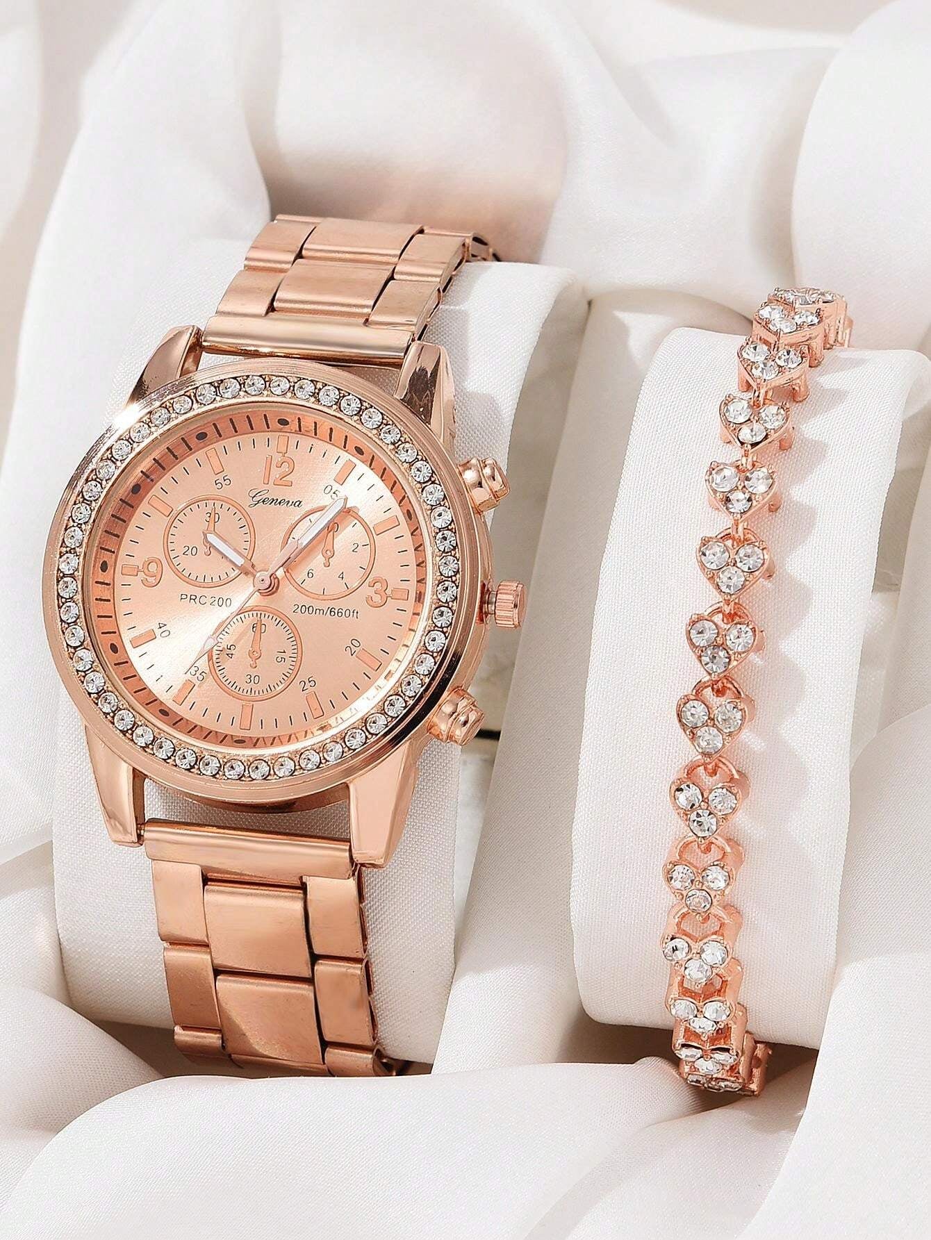 1Pc Rhinestone Decor Quartz Watch & 1Pc Bracelet