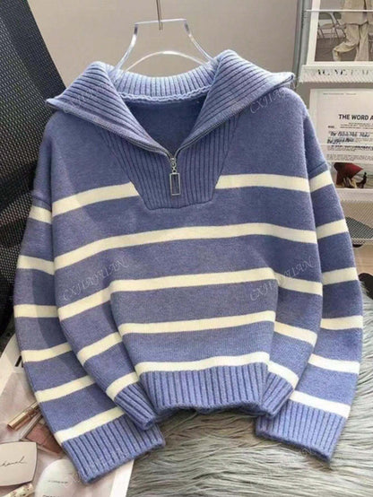 New Autumn/Winter Women Striped Crew Neck All-Match Sweater, Fashionable & Simple Pullover Design,Long Sleeve Tops