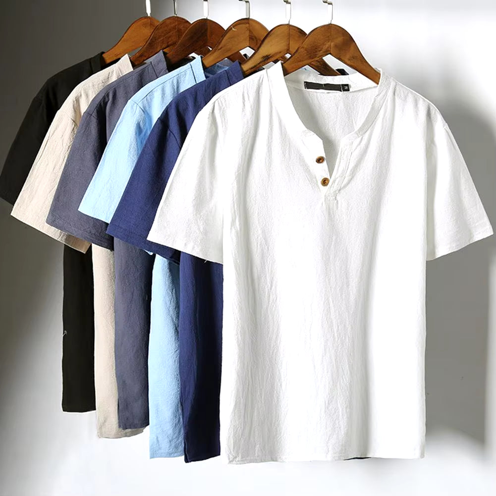 Fashion Men'S Linen T-Shirt Short Sleeves V Neck Button Solid Color Slim Fit Summer Casual Short Male Tee Shirt Top