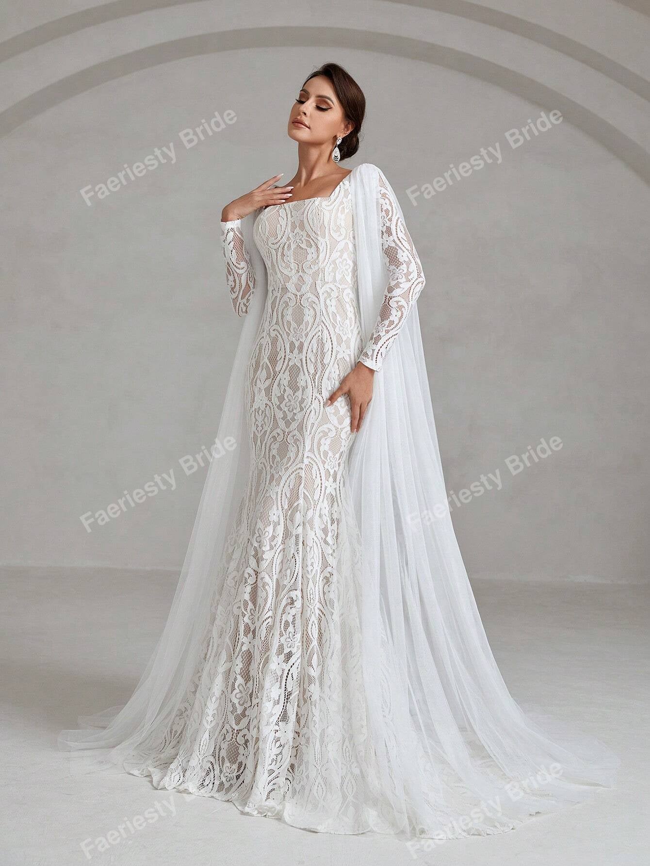 Faeriesty Square Neck Floor Length Lace Wedding Dress White Elegant Long Sleeve Bridal Dress